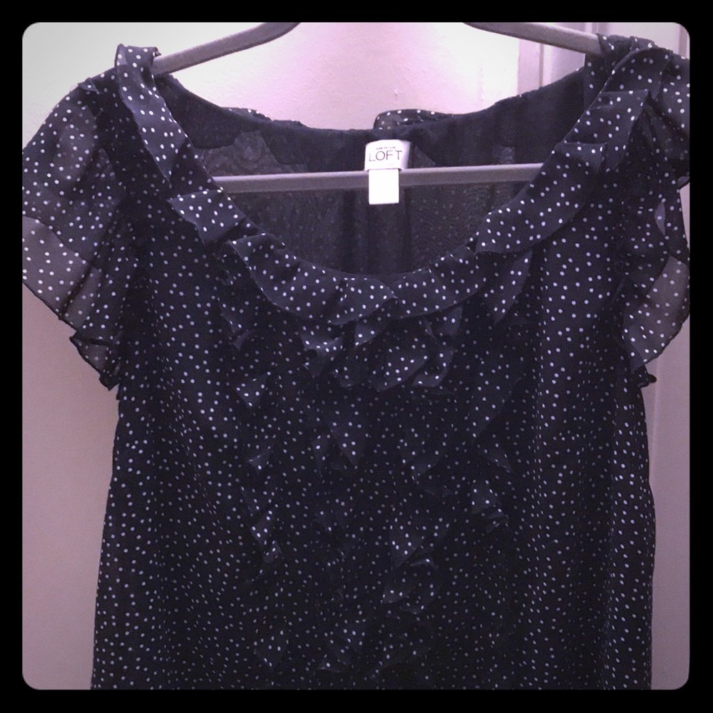 Loft navy polka dot blouse w ruffles. Size L